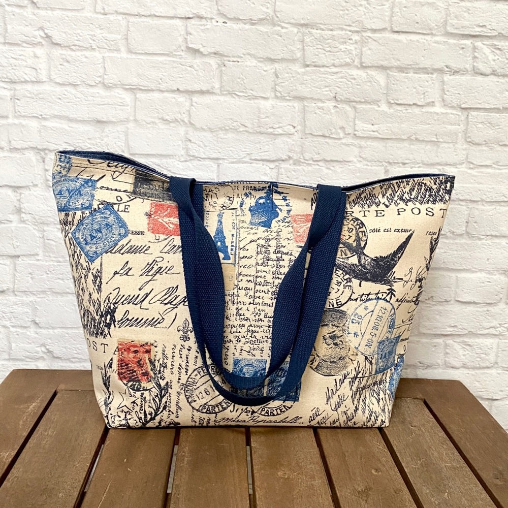 Handmade Foldable Travel/Market Tote - Denim Blue Paris Print